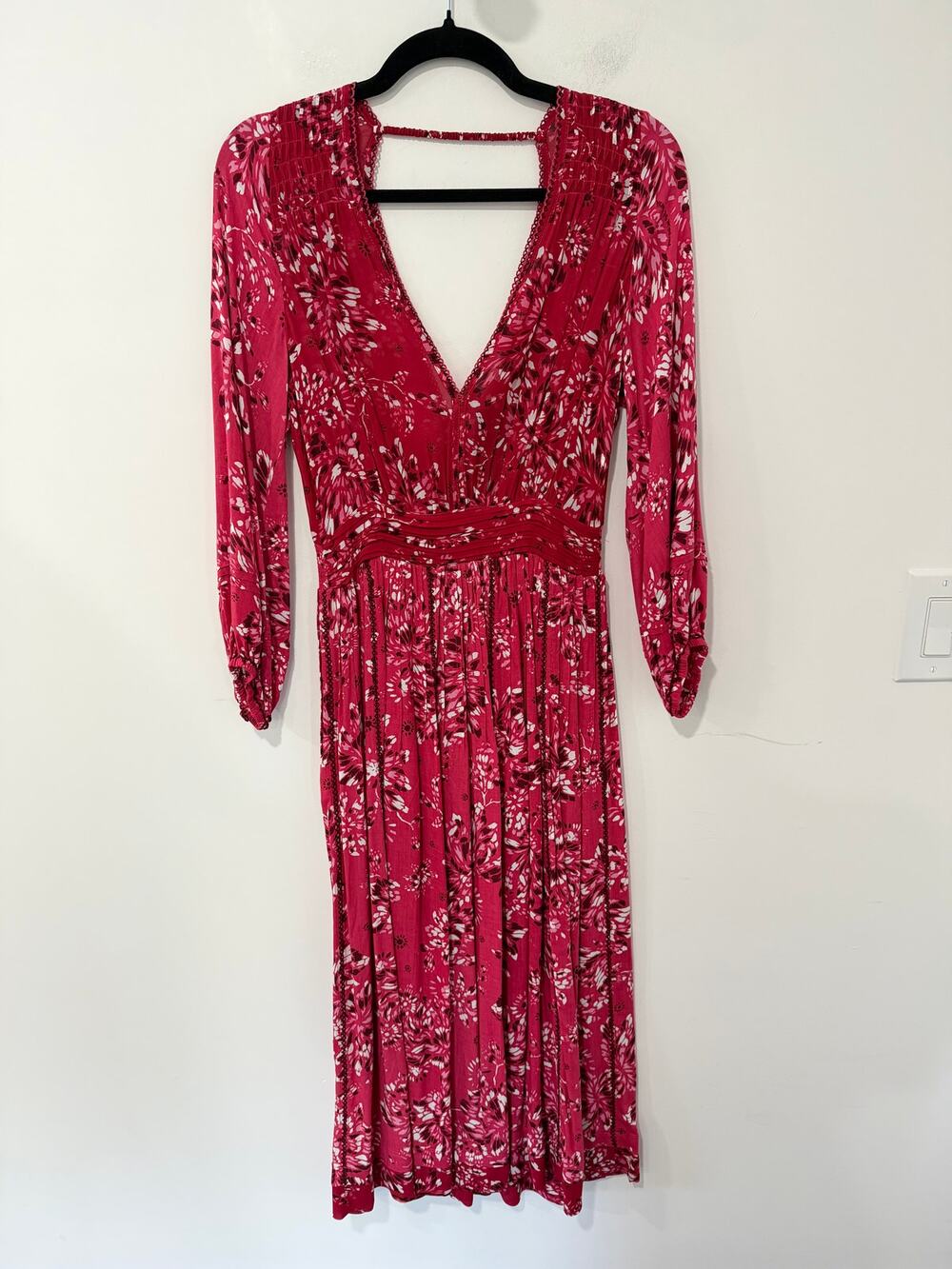 Poupette St Barth Dress Long Sleeve Red Pink Floral Size S
